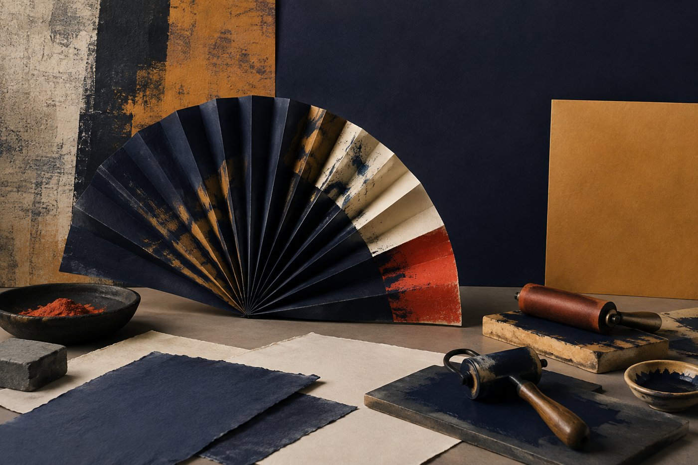 Cut paper fan with paper, pigment and printmaking tools