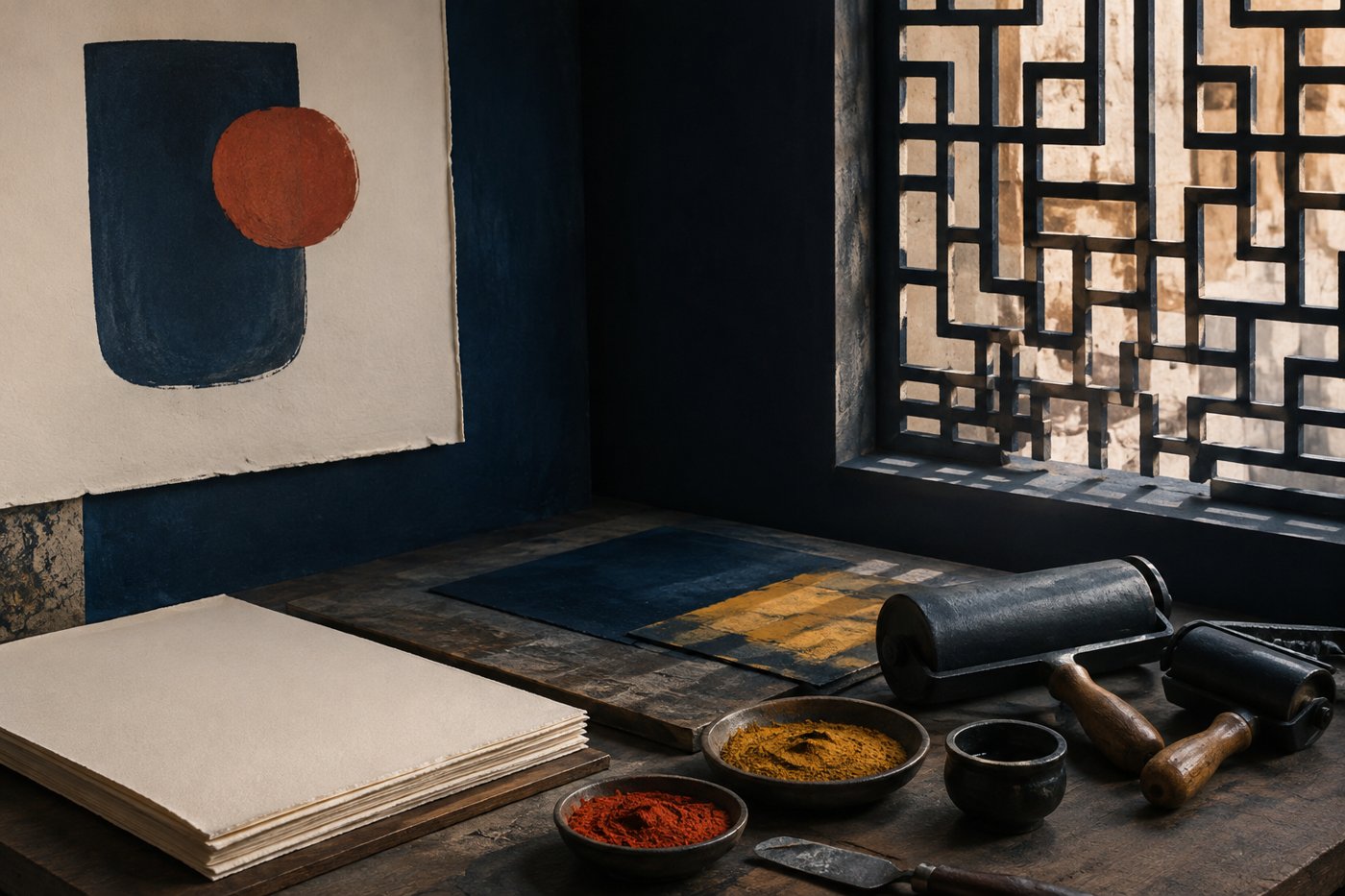 Window lattice with paper, pigment and printmaking tools