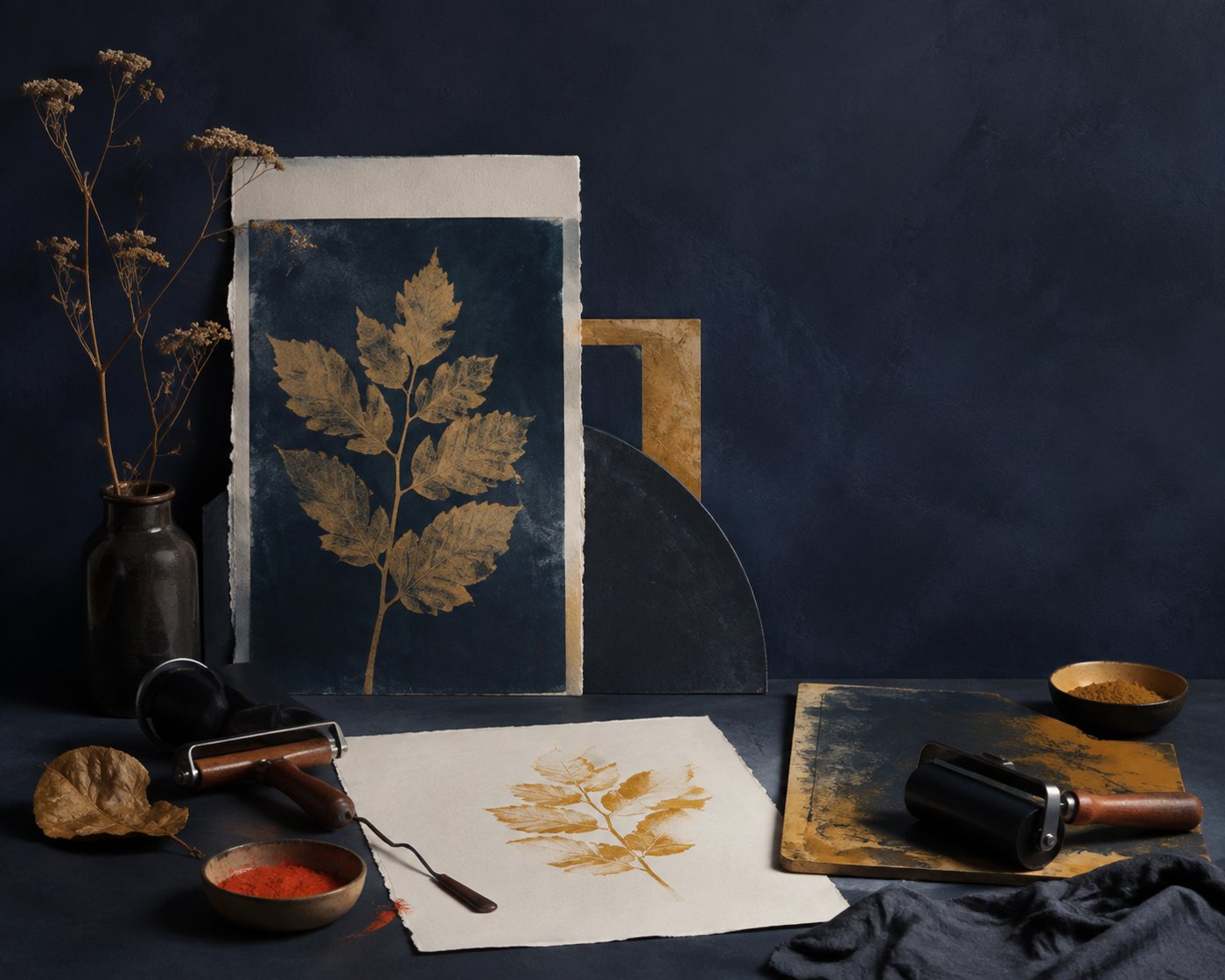 Pressed leaf with paper, pigment and printmaking tools