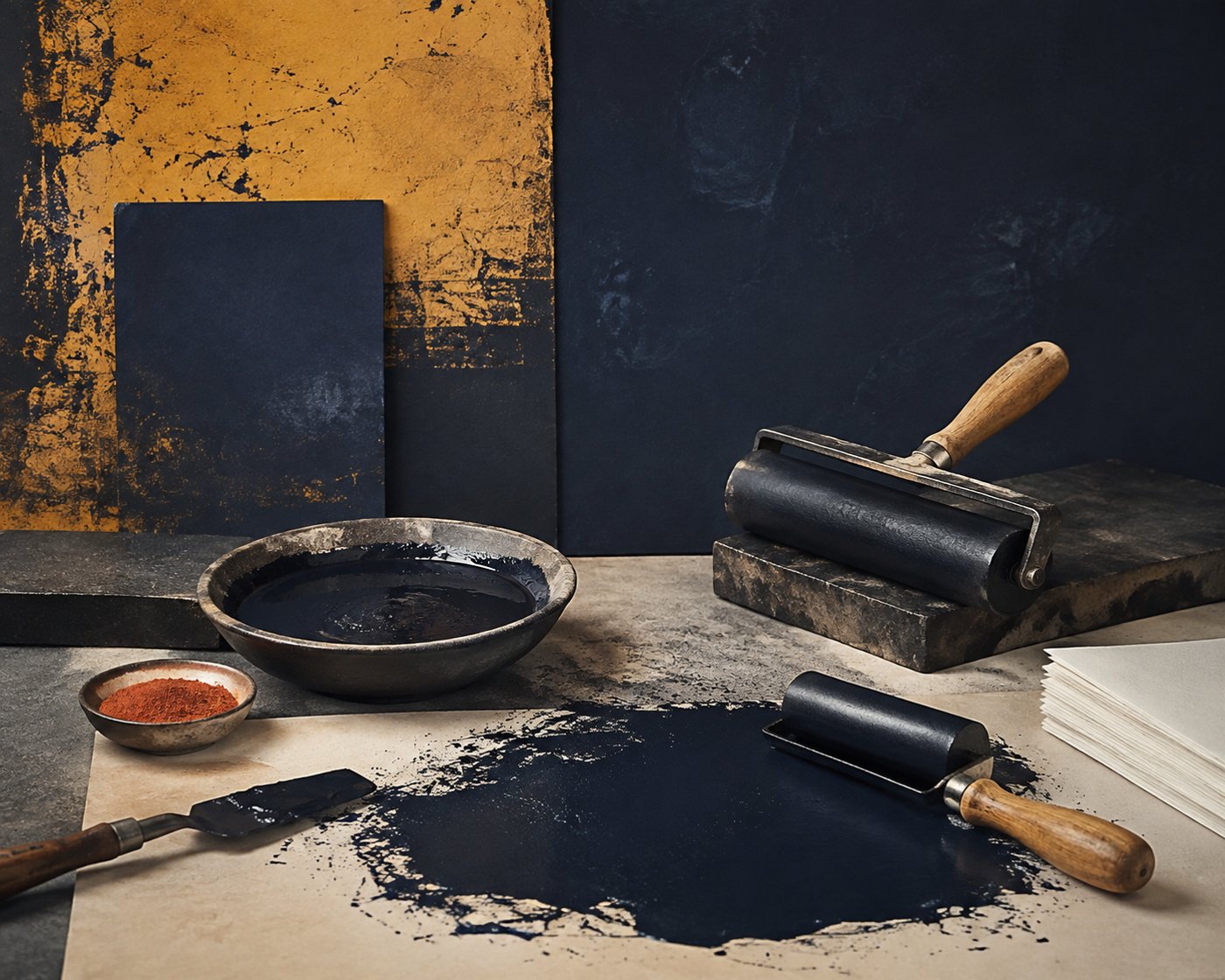 Ink puddle with paper, pigment and printmaking tools