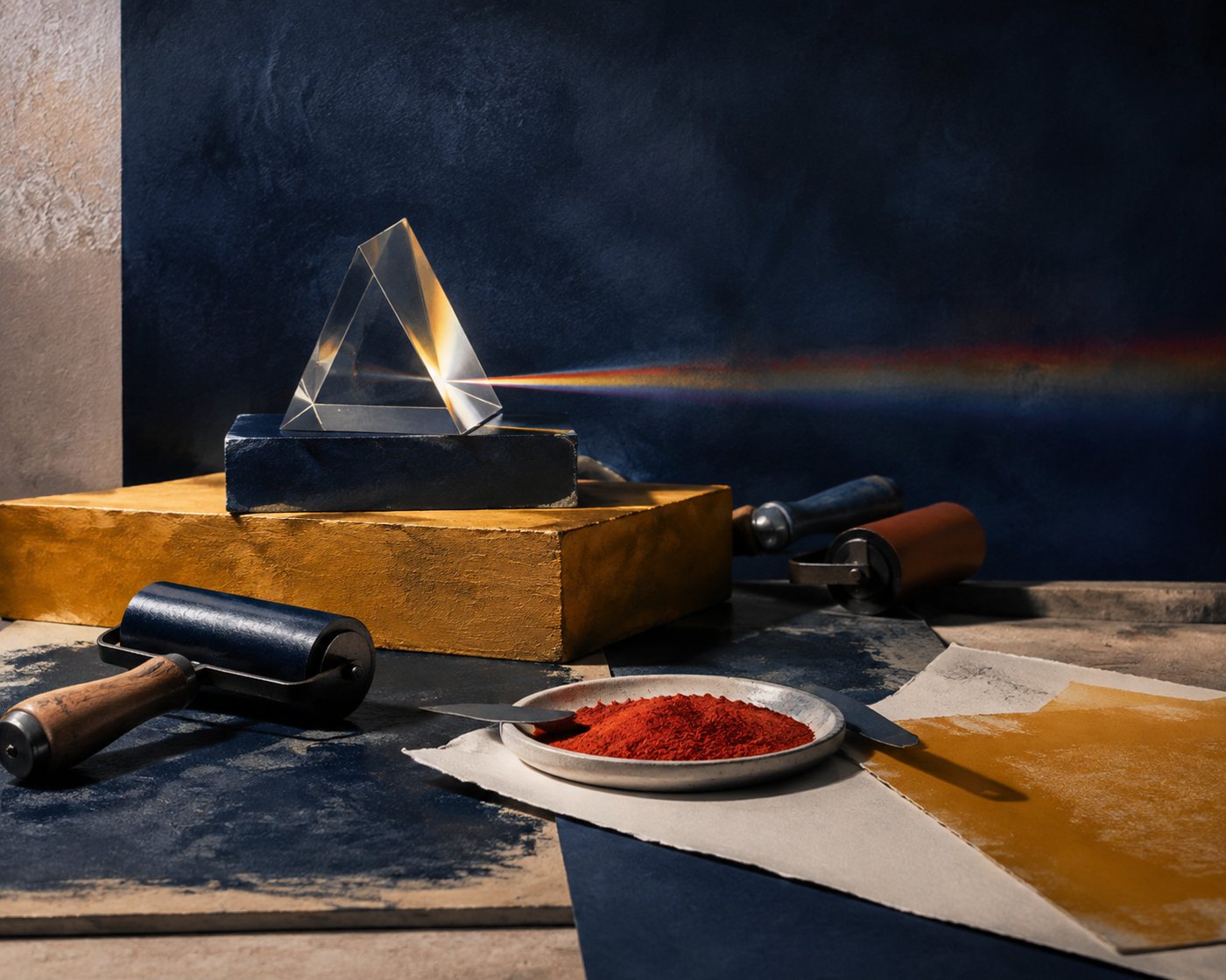 Glass prism with paper, pigment and printmaking tools