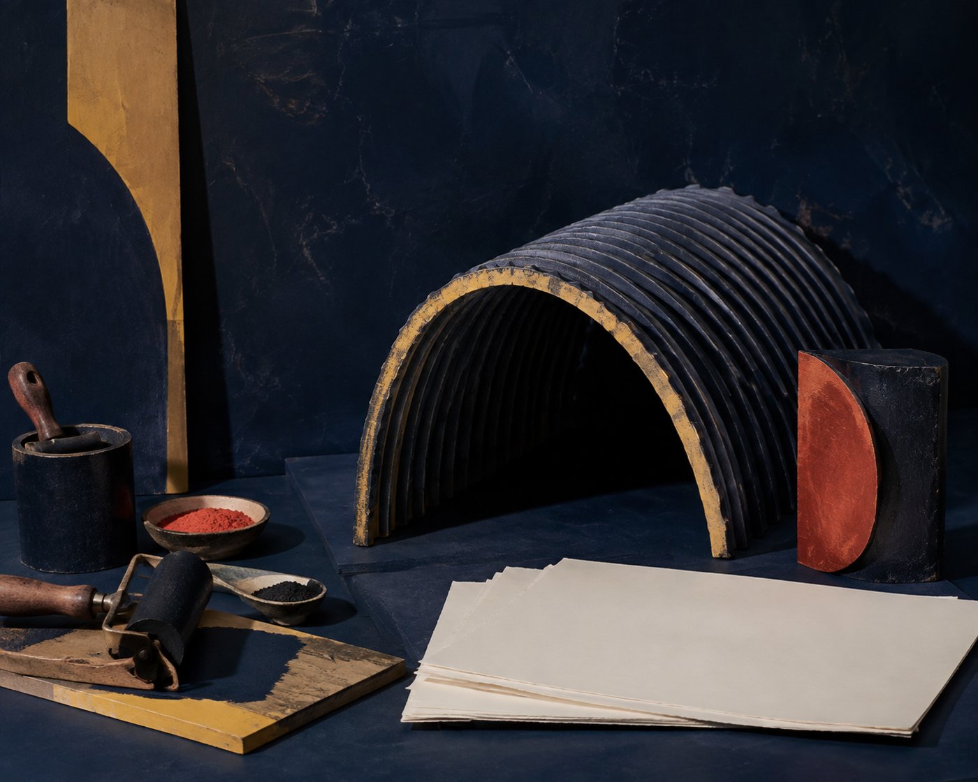 Corrugated arc with paper, pigment and printmaking tools