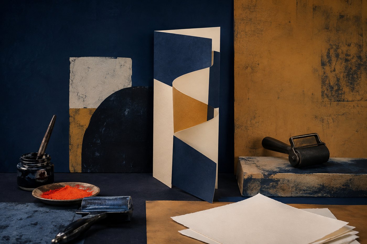 Paper hinge with paper, pigment and printmaking tools