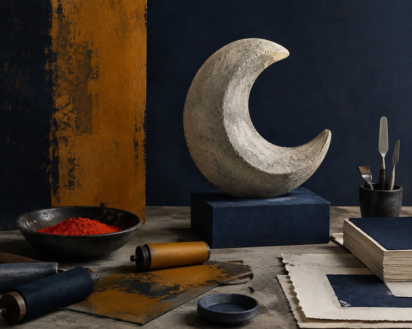 Stone crescent with paper, pigment and printmaking tools
