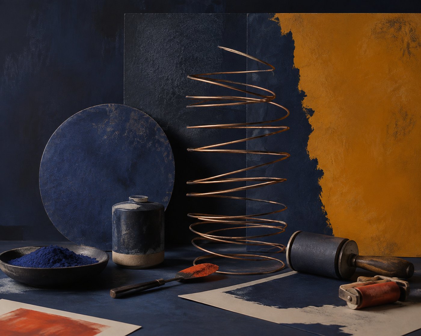 Wire spiral with paper, pigment and printmaking tools