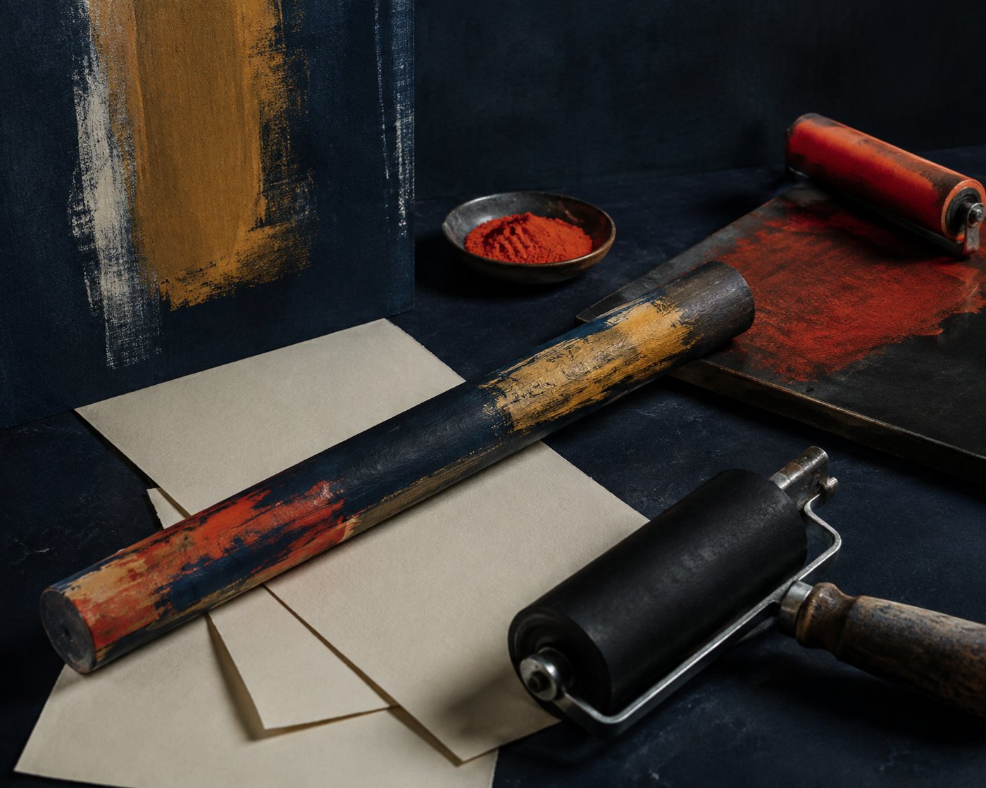 Painted dowel with paper, pigment and printmaking tools