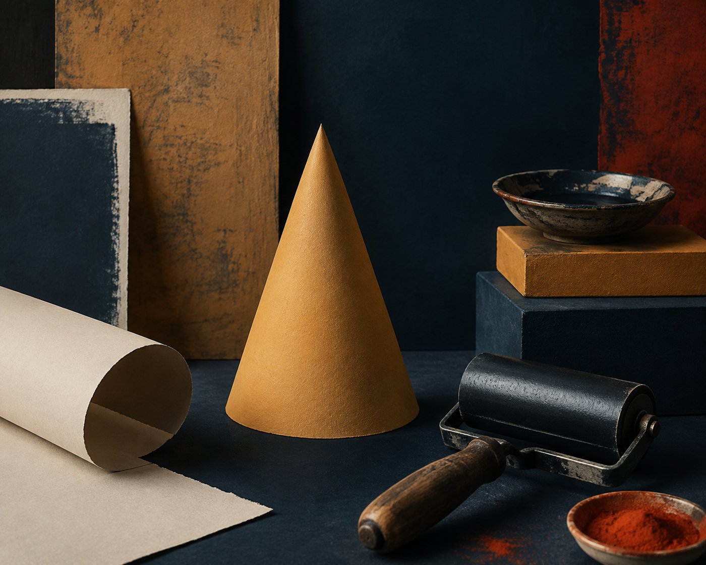 Paper cone with paper, pigment and printmaking tools