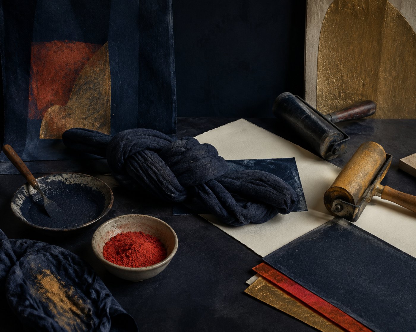 Textile knot with paper, pigment and printmaking tools