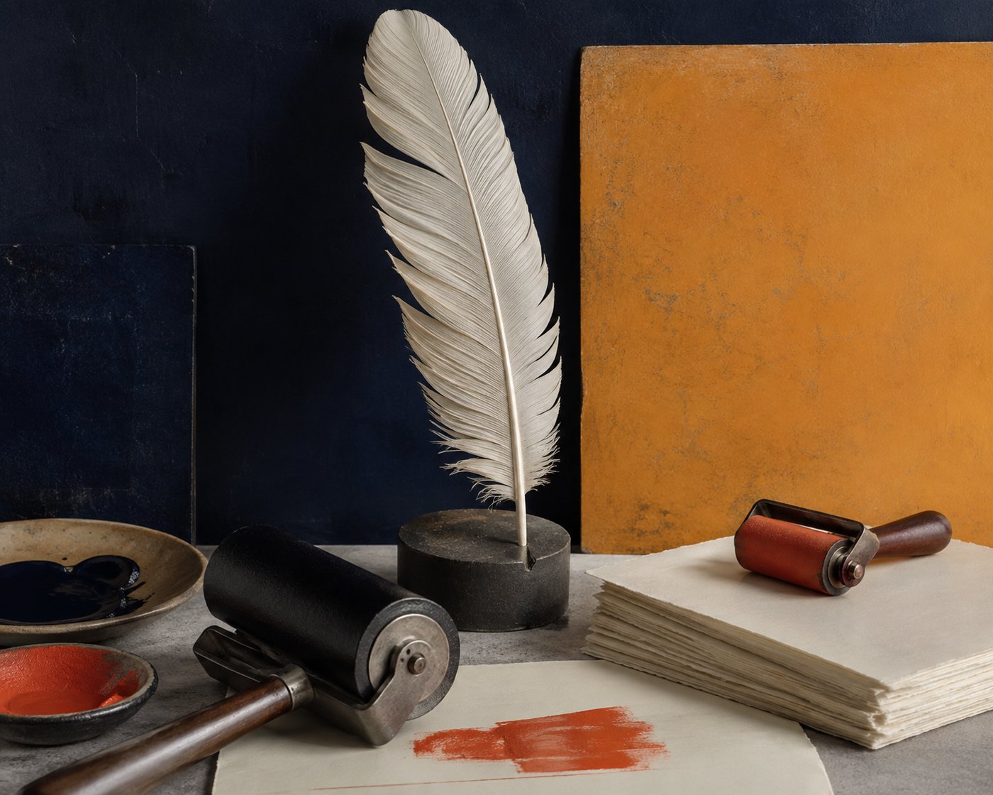 Paper feather with paper, pigment and printmaking tools