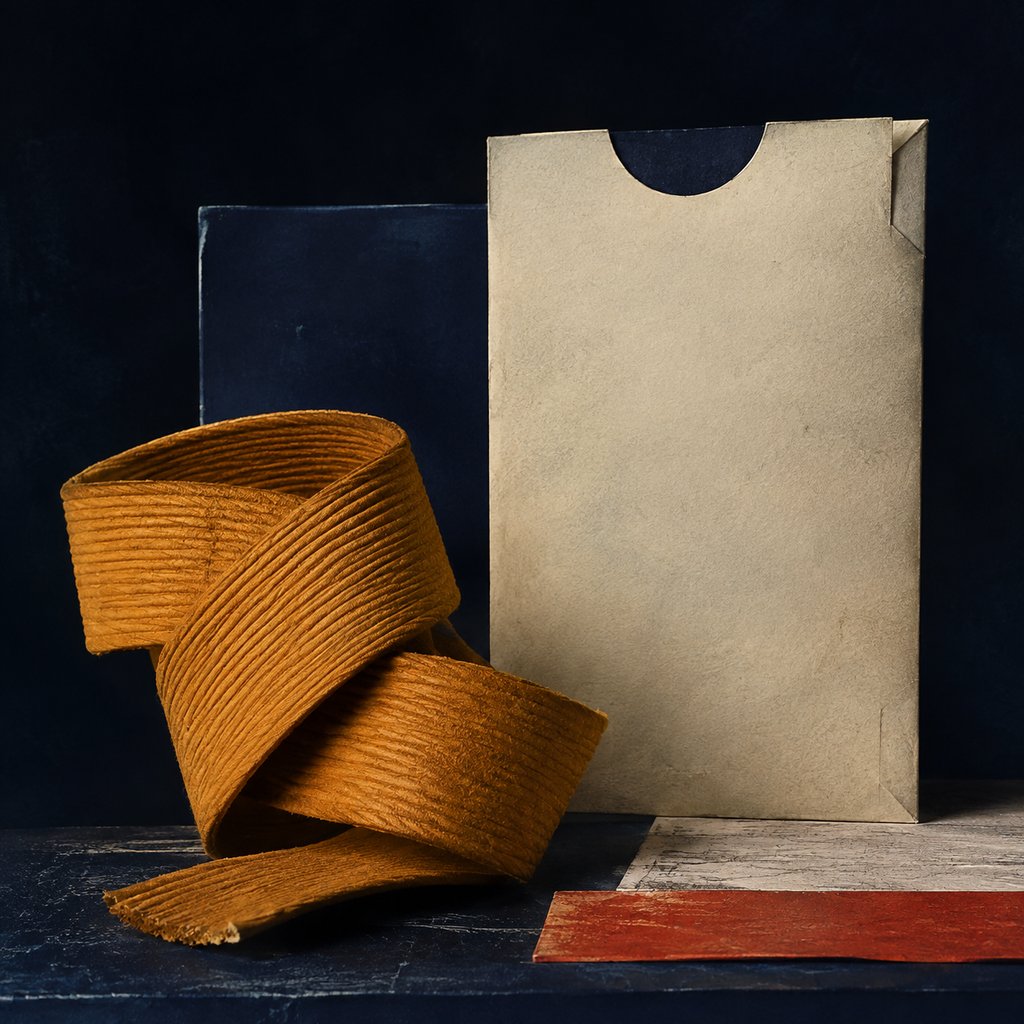 Folded ribbon beside an archival paper sleeve