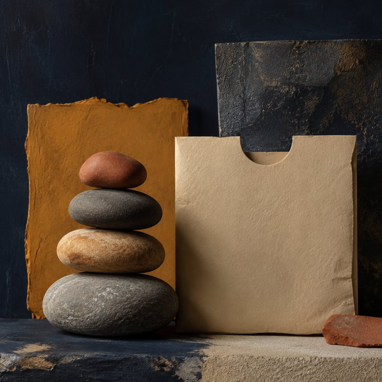 Pebble stack beside an archival paper sleeve