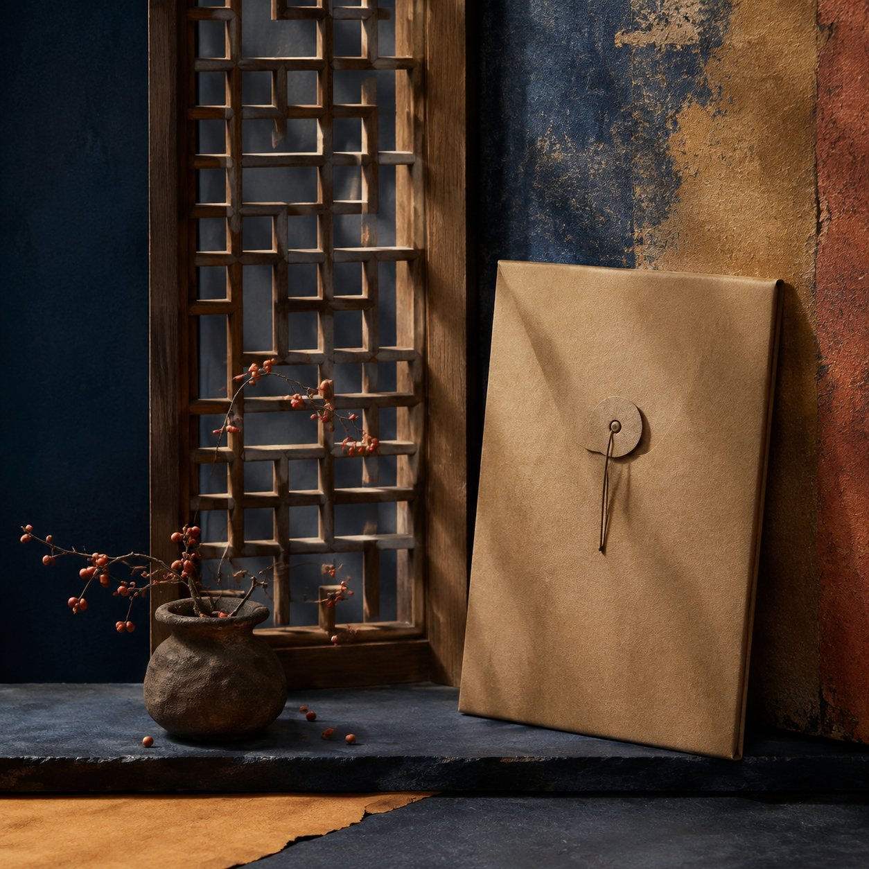 Window lattice beside an archival paper sleeve