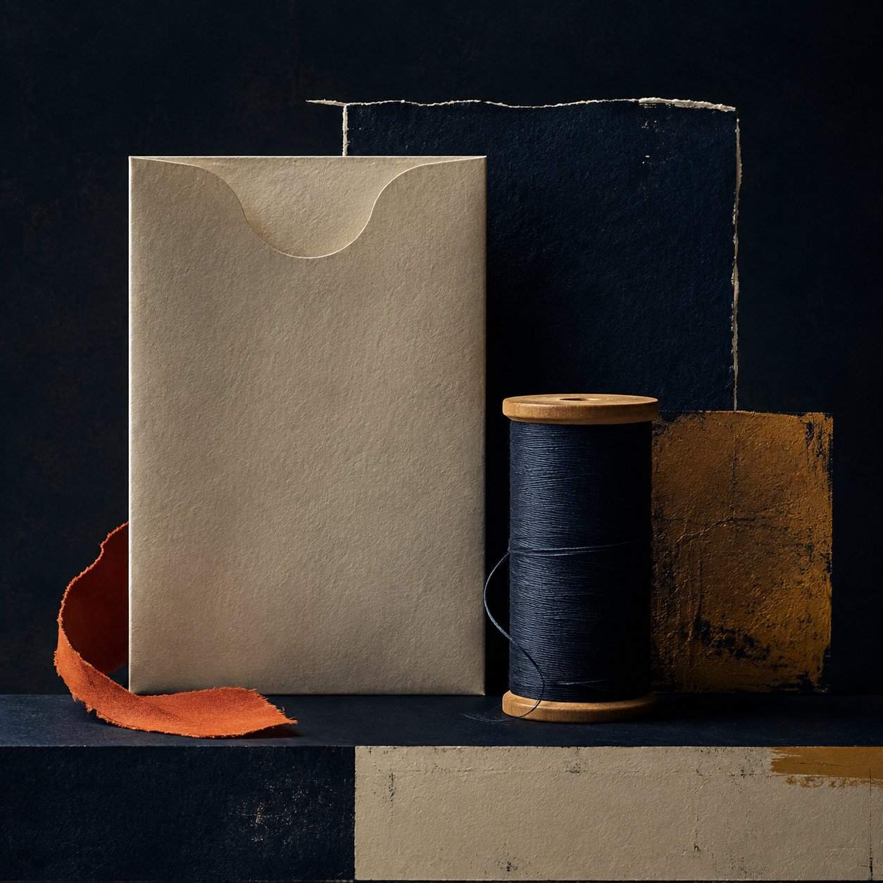 Thread spool beside an archival paper sleeve