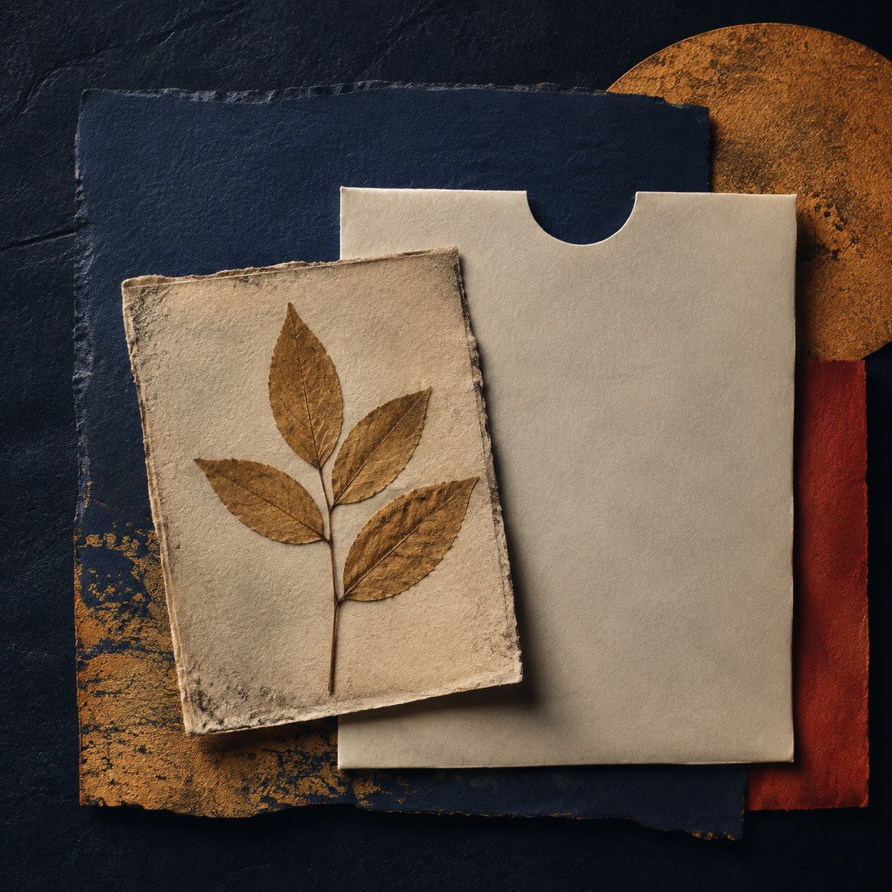 Pressed leaf beside an archival paper sleeve