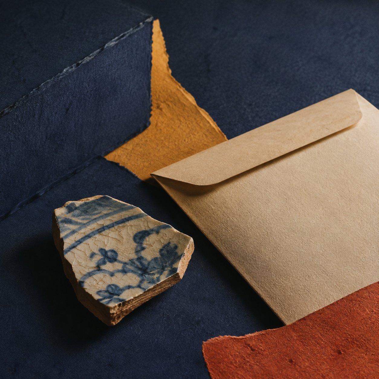 Ceramic shard beside an archival paper sleeve