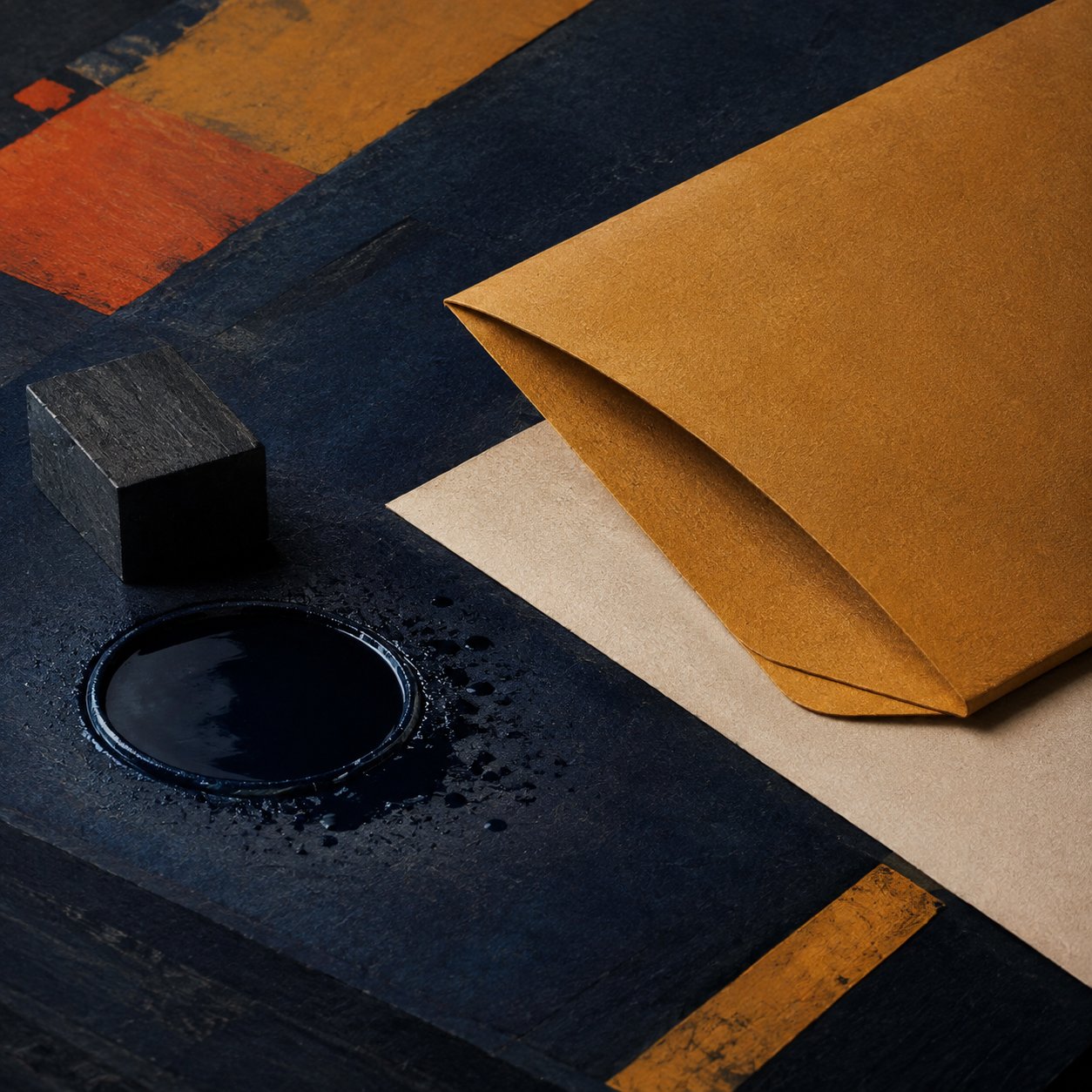 Ink puddle beside an archival paper sleeve
