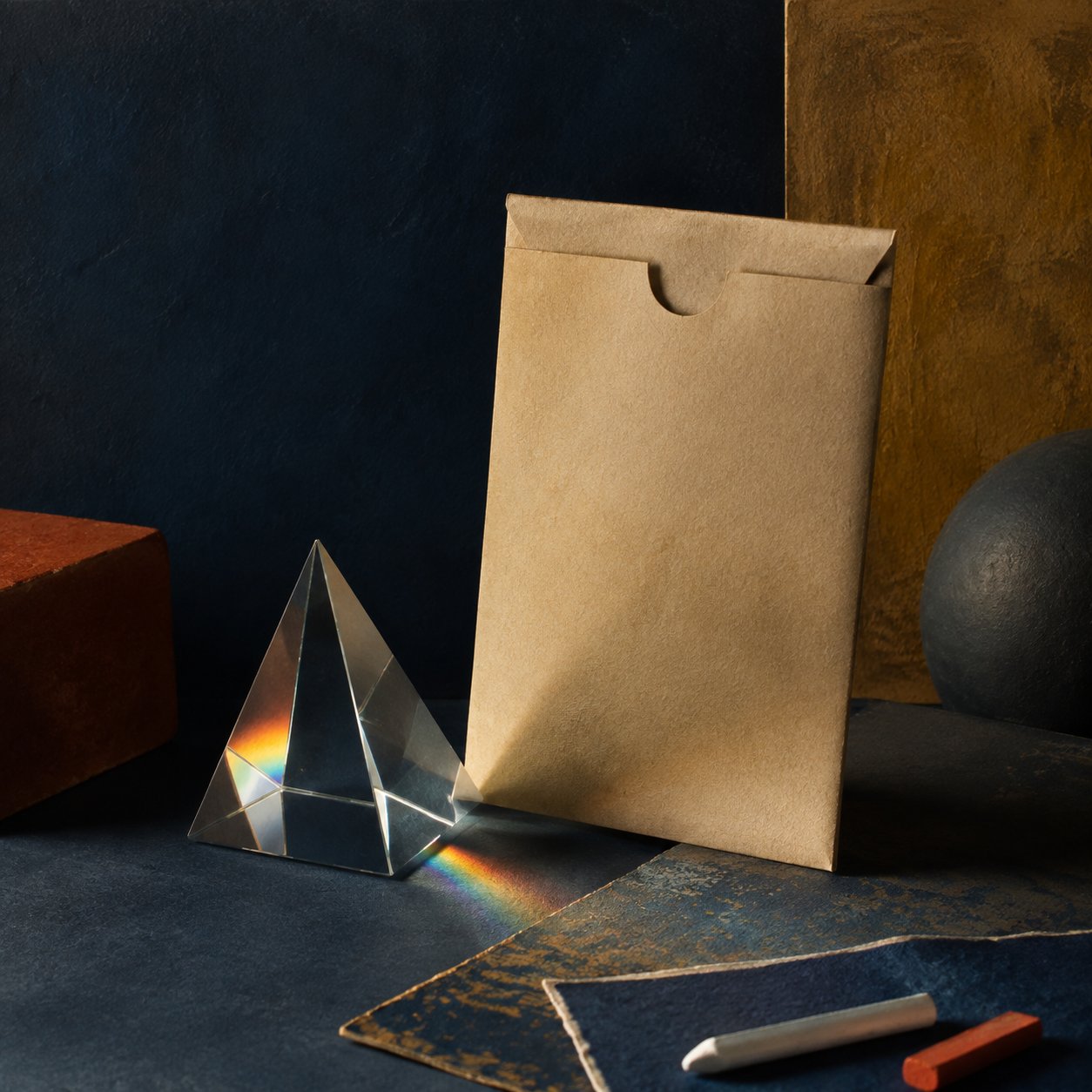 Glass prism beside an archival paper sleeve