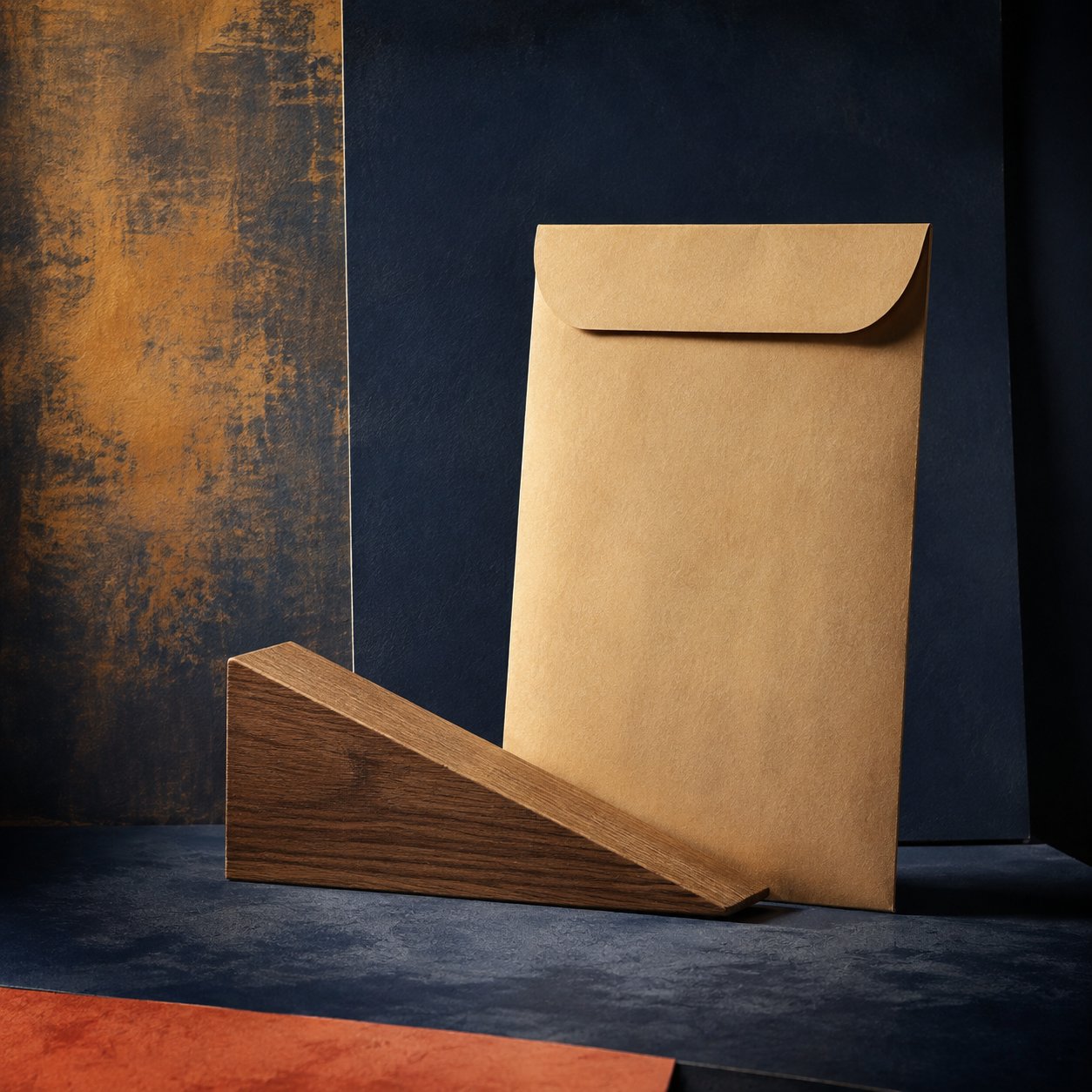 Wooden wedge beside an archival paper sleeve