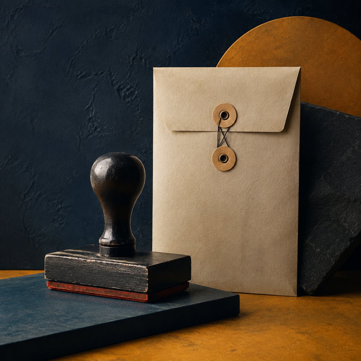 Rubber stamp beside an archival paper sleeve