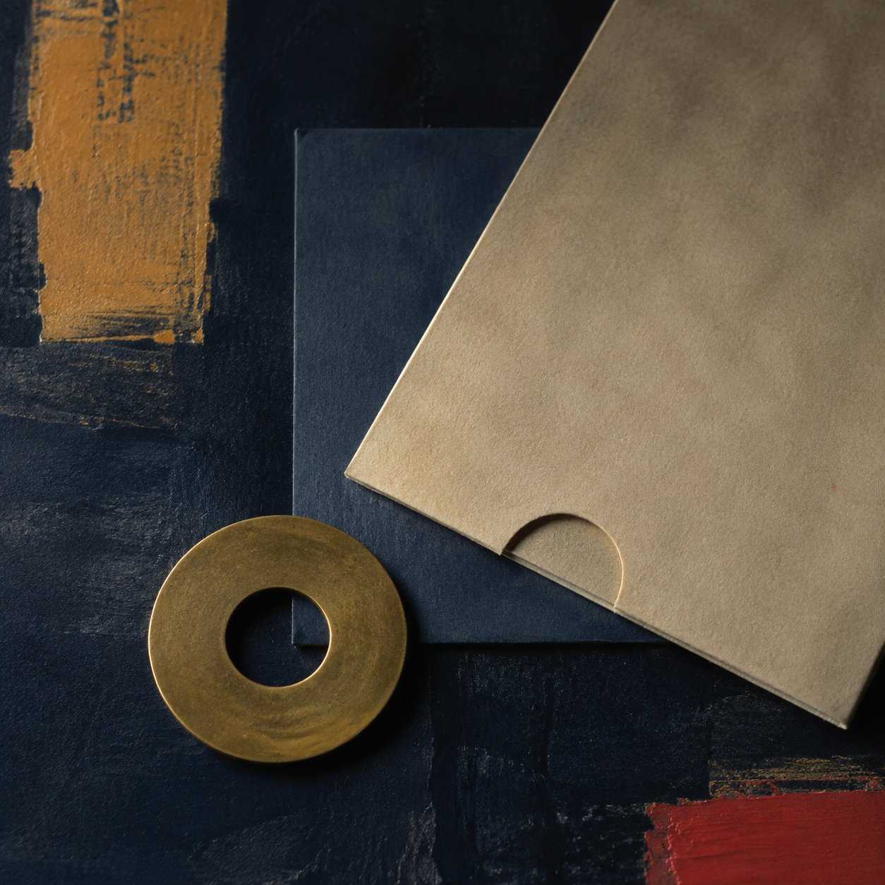 Brass washer beside an archival paper sleeve