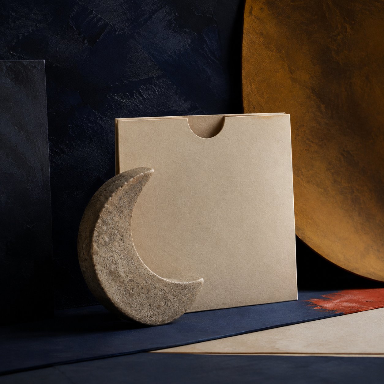 Stone crescent beside an archival paper sleeve